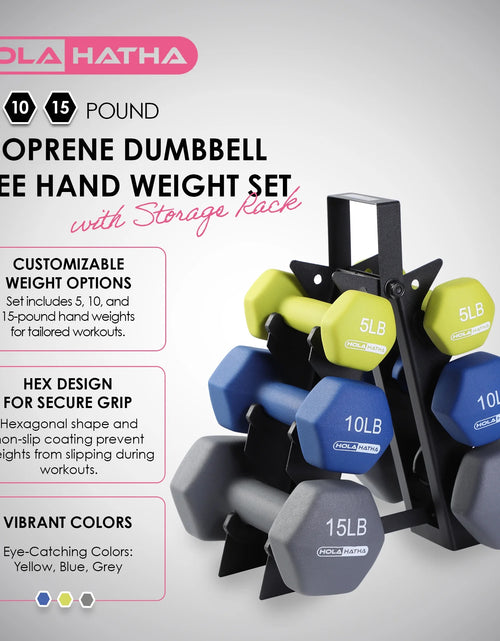 Load image into Gallery viewer, 5, 10, and 15 Lb Neoprene Dumbbell Free Hand Weight Set &amp; Rack
