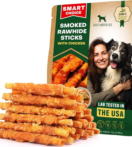 Dog Treats Rawhide Sticks Wrapped with Chicken 11 Oz Pet Natural Chew Treats - Grain Free Meat & Human Grade Dried Snacks - Best for Small & Large Dogs (10.6 Ounce (Pack of 1), Smoked Chicken)
