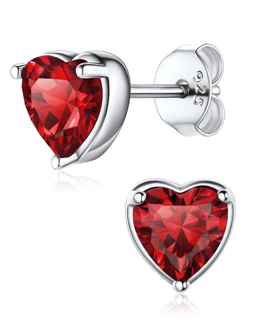 Load image into Gallery viewer, 925 Sterling Silver Heart Birthstone Earrings, Synthetic Garnet Studs Cute Gift for Birthday Valentine'S Day, Party &amp; Daily Wear Accessory for Women
