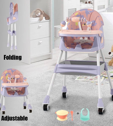 4-In-1 Baby High Chair Portable Toddler Baby Dining Chairs Eat & Play Convertible High Chair with Five-Point Snap Button, Dinner Plate and Toy Rack, Purple