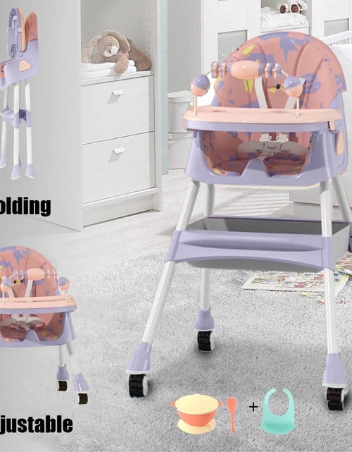 Load image into Gallery viewer, 4-In-1 Baby High Chair Portable Toddler Baby Dining Chairs Eat &amp; Play Convertible High Chair with Five-Point Snap Button, Dinner Plate and Toy Rack, Purple

