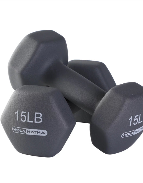Load image into Gallery viewer, 5, 10, and 15 Lb Neoprene Dumbbell Free Hand Weight Set &amp; Rack
