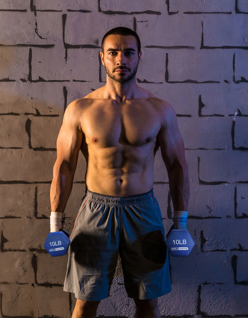 Load image into Gallery viewer, 5, 10, and 15 Lb Neoprene Dumbbell Free Hand Weight Set &amp; Rack
