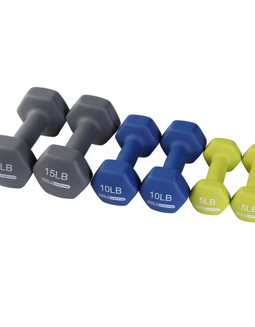 Load image into Gallery viewer, 5, 10, and 15 Lb Neoprene Dumbbell Free Hand Weight Set &amp; Rack
