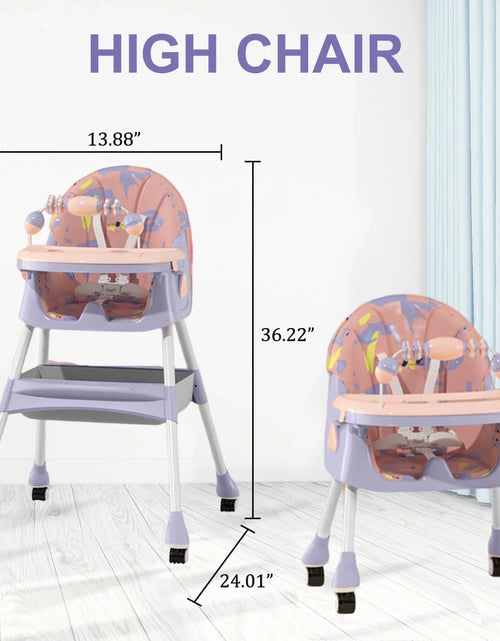 Load image into Gallery viewer, 4-In-1 Baby High Chair Portable Toddler Baby Dining Chairs Eat &amp; Play Convertible High Chair with Five-Point Snap Button, Dinner Plate and Toy Rack, Purple
