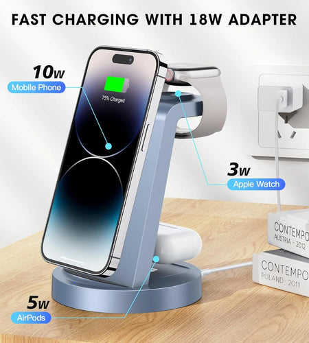 Wireless Charger - 3 in 1 Charging Station Compatible for Iphone & Iwatch - Charging Stand Dock for Airpods (Blue)
