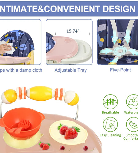 4-In-1 Baby High Chair Portable Toddler Baby Dining Chairs Eat & Play Convertible High Chair with Five-Point Snap Button, Dinner Plate and Toy Rack, Purple