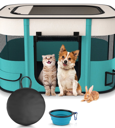 Pet Playpen, Foldable Portable Dog Cat Playpens Exercise Kennel Tent, Removable Shade Cover, Indoor Outdoor Travel Camping Use(M)