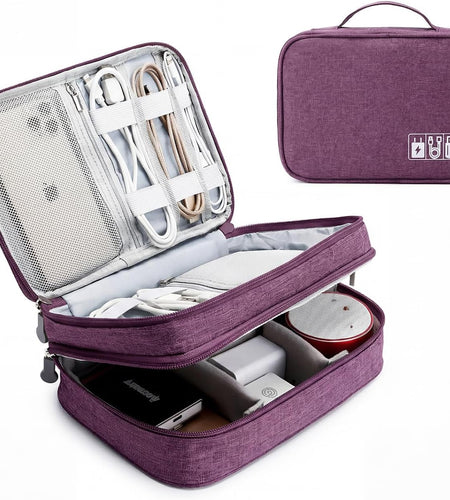 Travel Cable Organizer Bag, Electronic Accessories Case Portable Double Layer Cable Storage Bag for Cord,Phone,Charger, Flash Drive, Phone, SD Card,Personal Items - (Purple)