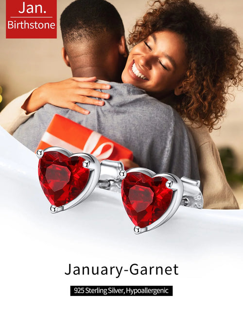 Load image into Gallery viewer, 925 Sterling Silver Heart Birthstone Earrings, Synthetic Garnet Studs Cute Gift for Birthday Valentine'S Day, Party &amp; Daily Wear Accessory for Women
