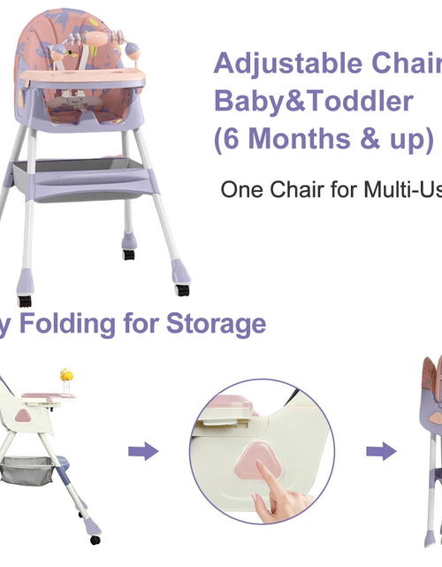 Load image into Gallery viewer, 4-In-1 Baby High Chair Portable Toddler Baby Dining Chairs Eat &amp; Play Convertible High Chair with Five-Point Snap Button, Dinner Plate and Toy Rack, Purple
