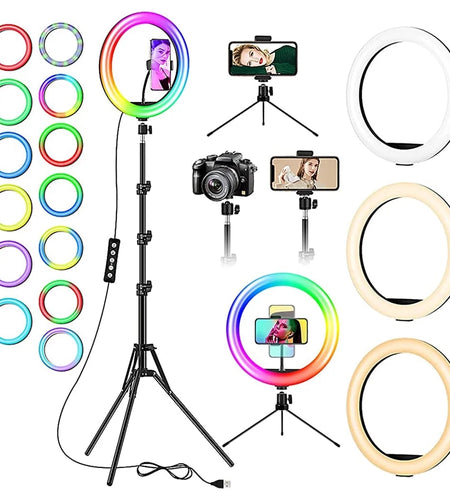 13" RGB Selfie Ring Light W/ Tripod Stand & Phone Holder 26 Modes 10 Brightness Level 120 LED Bulbs Dimmable Selfie Ringlight for Live Stream Makeup Youtube Video Photography Shooting
