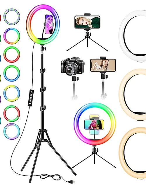Load image into Gallery viewer, 13" RGB Selfie Ring Light W/ Tripod Stand &amp; Phone Holder 26 Modes 10 Brightness Level 120 LED Bulbs Dimmable Selfie Ringlight for Live Stream Makeup Youtube Video Photography Shooting
