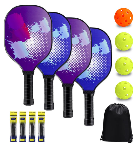 Pickleball Paddles Set Pickleball Rackets with 4 Wood Pickleball Paddles, 4 Pickleball Balls, 4 Grip Tape & Carry Bag, Pickleball Gifts