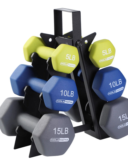 Load image into Gallery viewer, 5, 10, and 15 Lb Neoprene Dumbbell Free Hand Weight Set &amp; Rack
