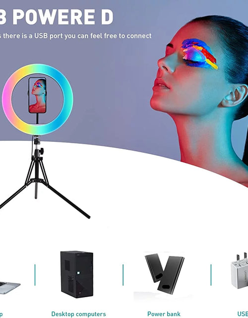 Load image into Gallery viewer, 13" RGB Selfie Ring Light W/ Tripod Stand &amp; Phone Holder 26 Modes 10 Brightness Level 120 LED Bulbs Dimmable Selfie Ringlight for Live Stream Makeup Youtube Video Photography Shooting
